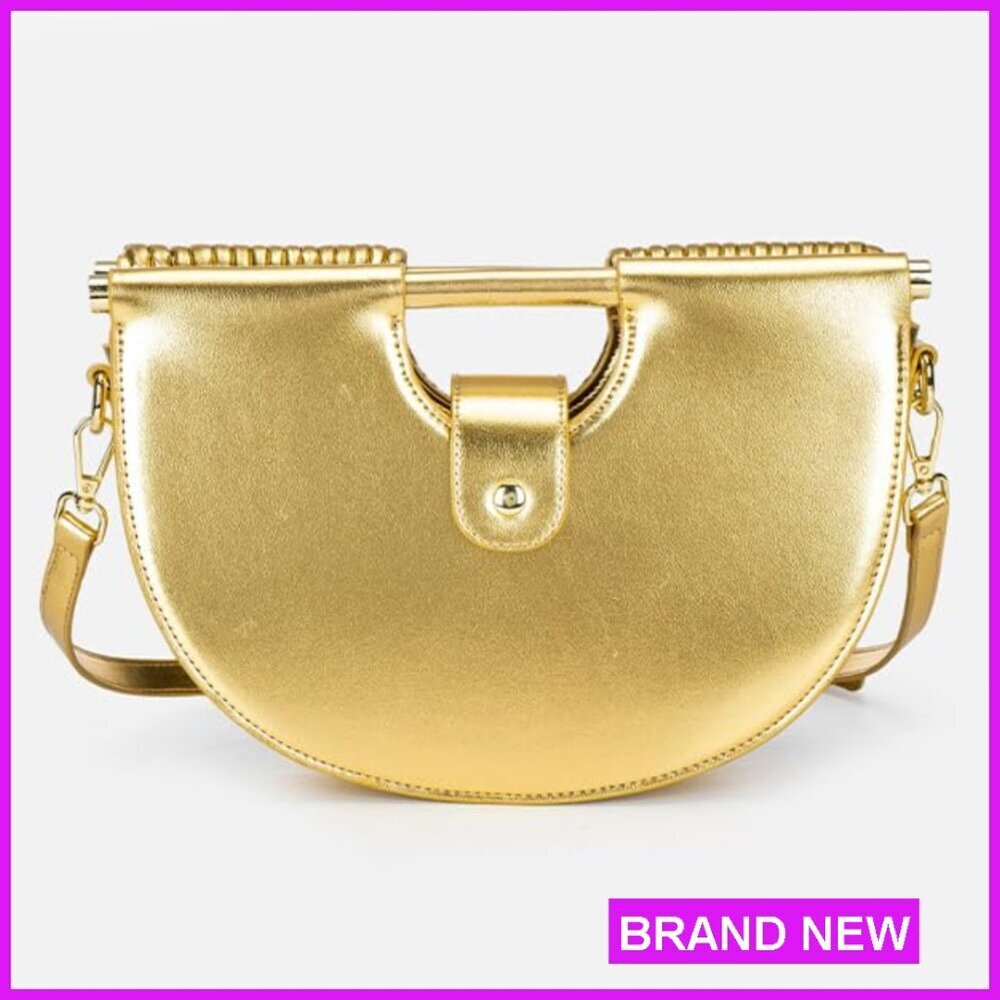 Gold Evening Clutch Crossbody Bag Top Handle Satchel PU Leather Elegant - Picture 4 of 7